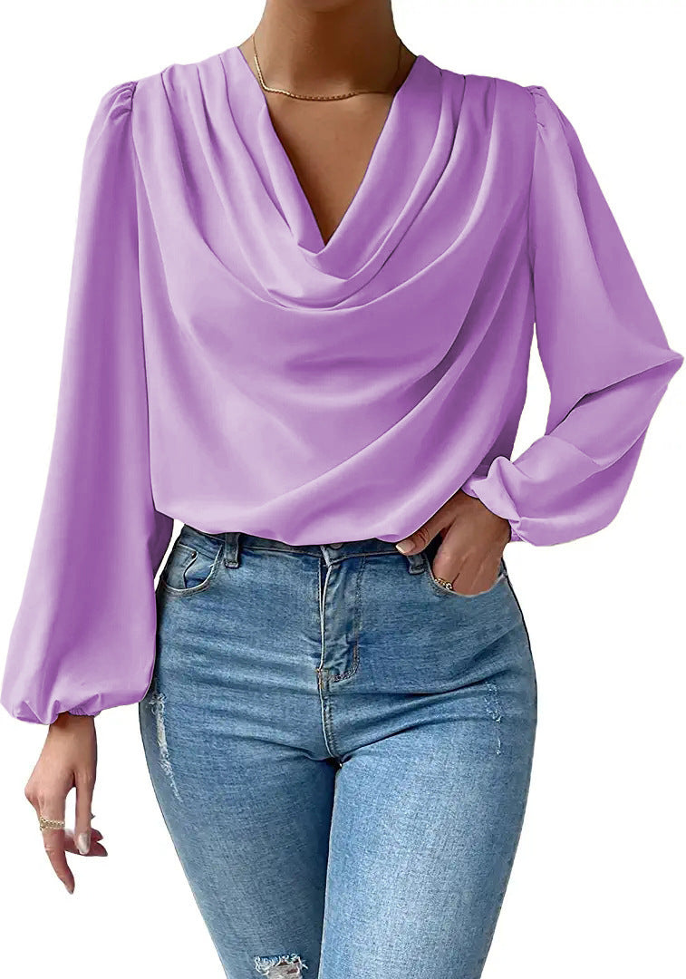 Lea - Blouse Élégante Femme en Chiffon à Col Bénitier et Manches Longues