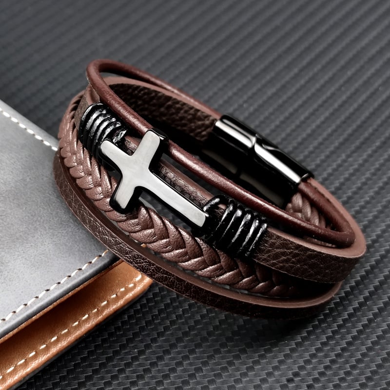 Bracelet homme en cuir tressé avec croix en acier inoxydable - Sentinel