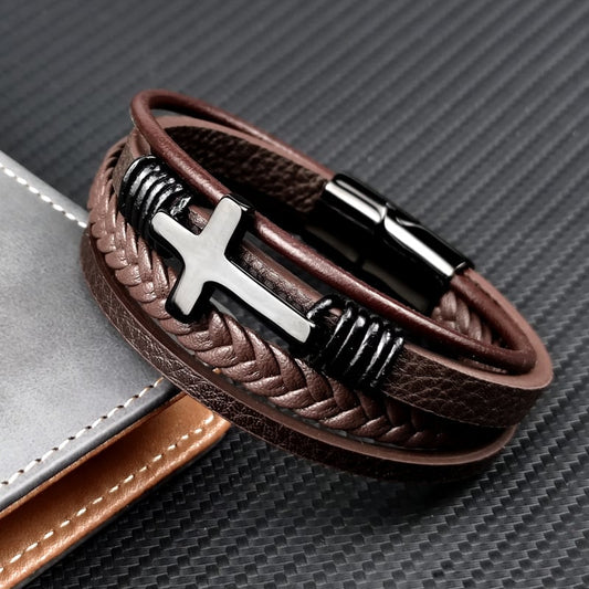 Bracelet homme en cuir tressé avec croix en acier inoxydable - Sentinel