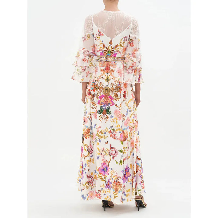 Robe Féérique à Col V - Cintrée avec Motif Floral