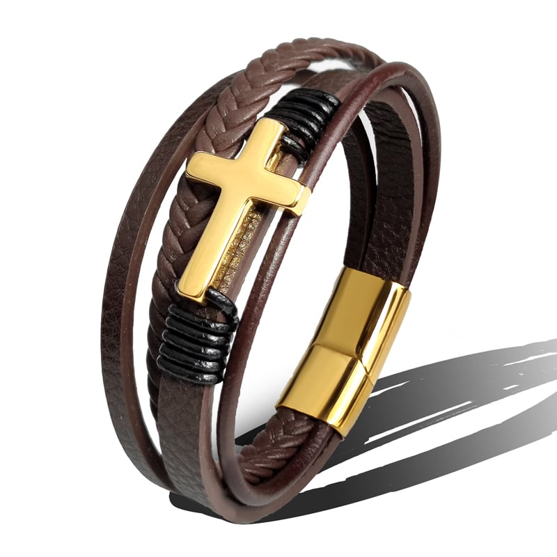 Bracelet homme en cuir tressé avec croix en acier inoxydable - Sentinel