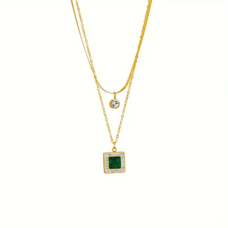 Collier double plaqué or avec pendentifs en cristal et vert - Althea