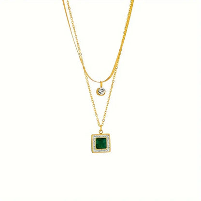 Collier double plaqué or avec pendentifs en cristal et vert - Althea