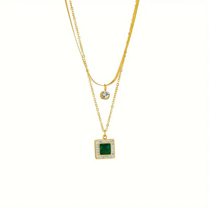 Collier double plaqué or avec pendentifs en cristal et vert - Althea