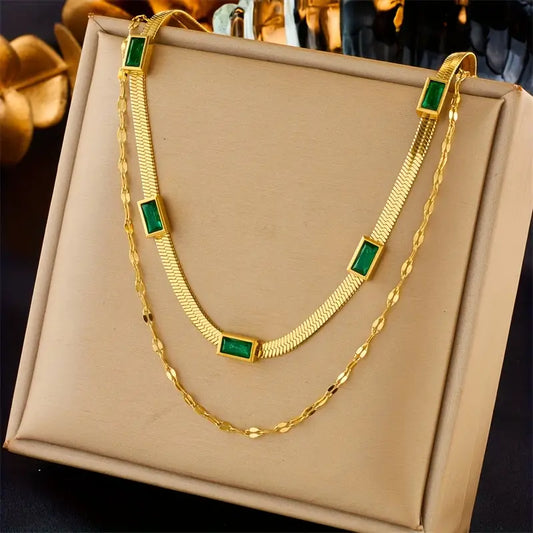 Collier double plaqué or avec rectangles verts - Narelle