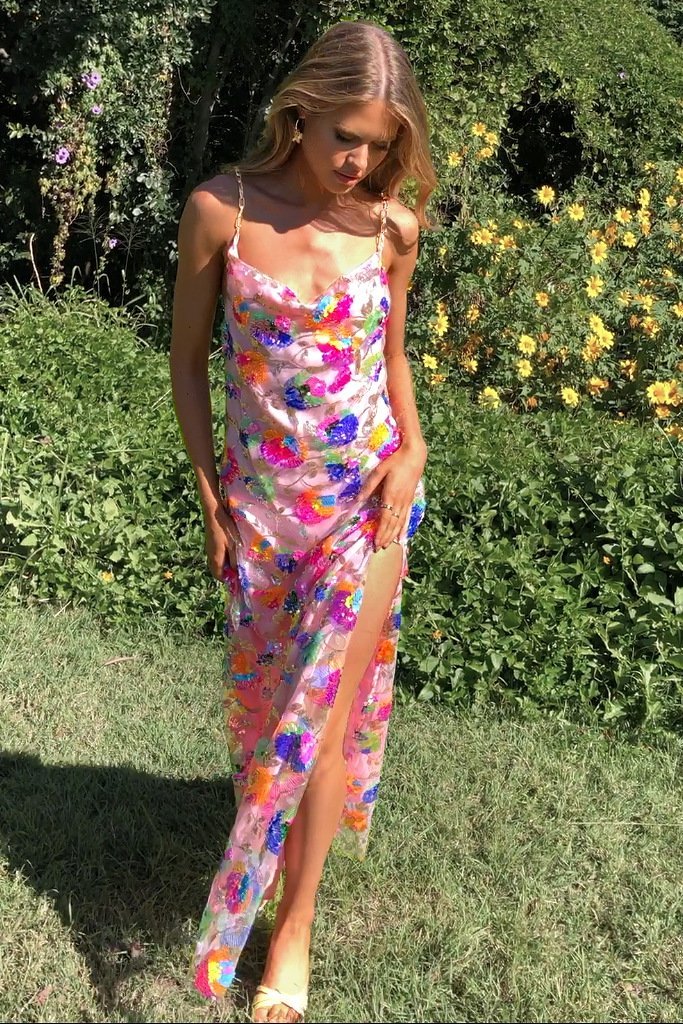 Frida Robe maxi dos nu avec paillettes brodées