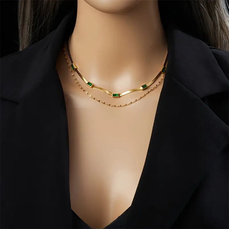 Collier double plaqué or avec rectangles verts - Narelle