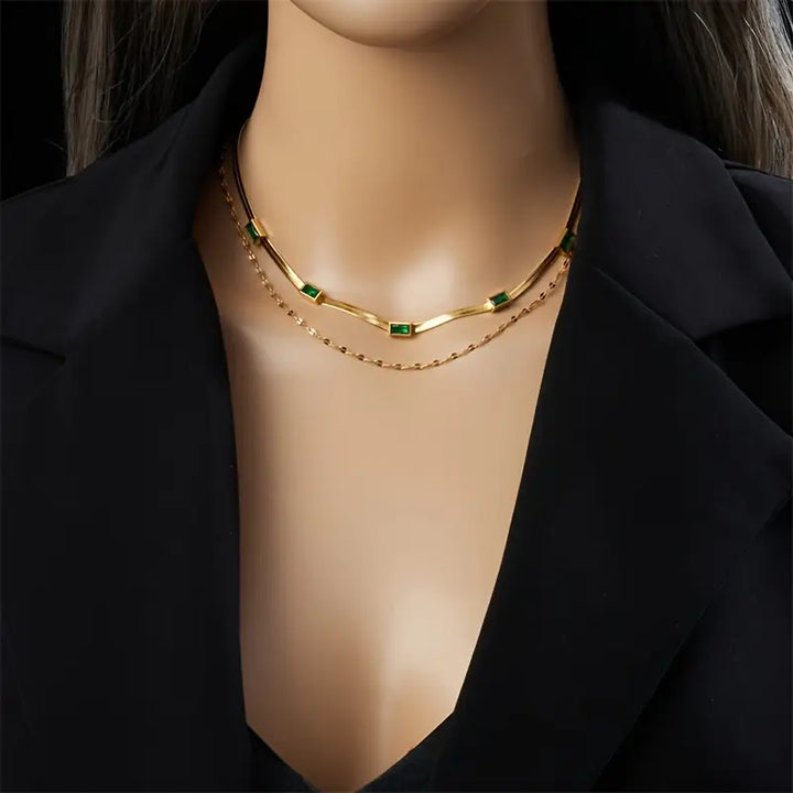 Collier double plaqué or avec rectangles verts - Narelle