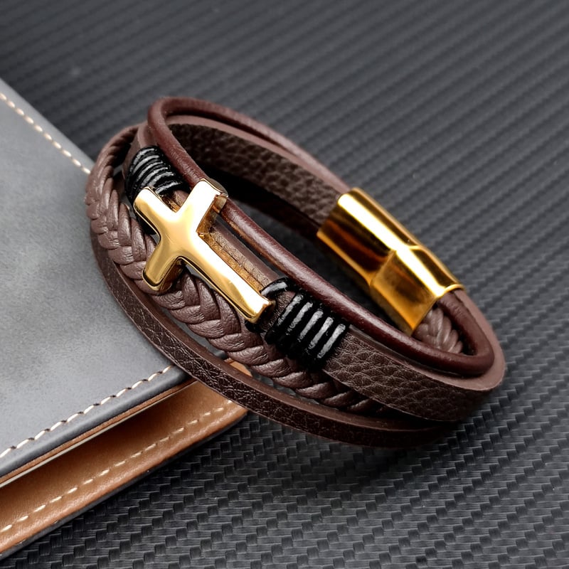 Bracelet homme en cuir tressé avec croix en acier inoxydable - Sentinel