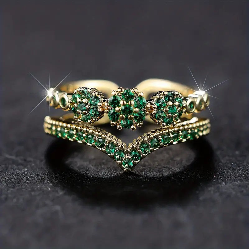 Bague en or avec double anneau et cristaux verts - Saphyra