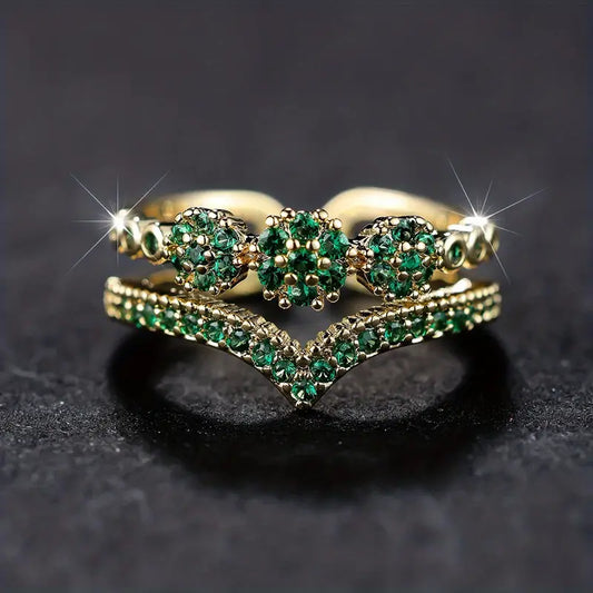 Bague en or avec double anneau et cristaux verts - Saphyra
