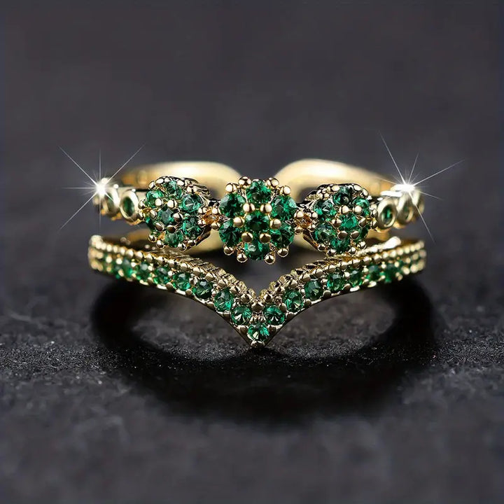 Bague en or avec double anneau et cristaux verts - Saphyra