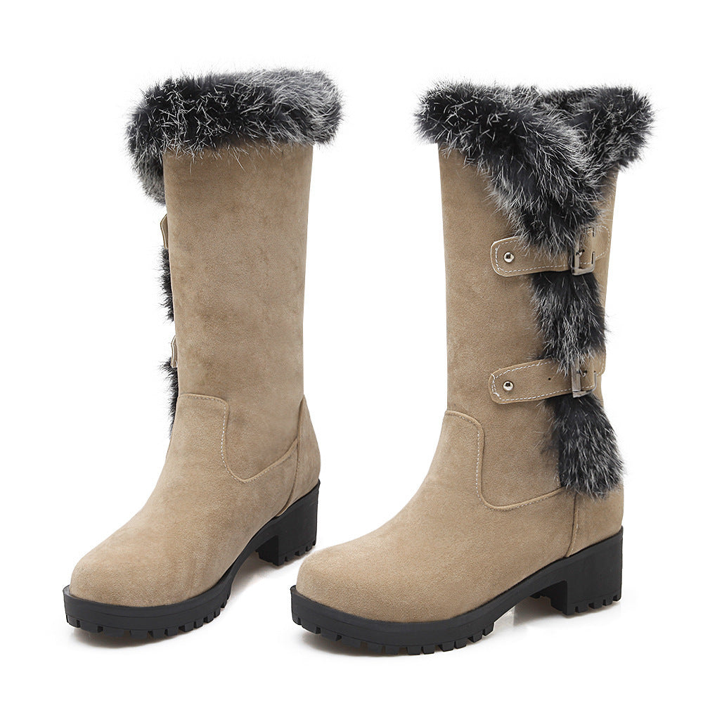 Lara - Bottes de Neige Femme en Daim avec Fourrure et Talon Bas