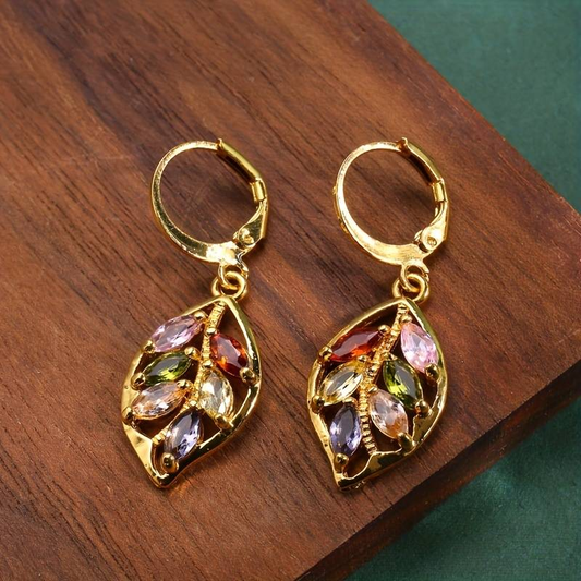 Boucles d'Oreilles en Feuille d'Or Vintage avec Zirconia Colorées