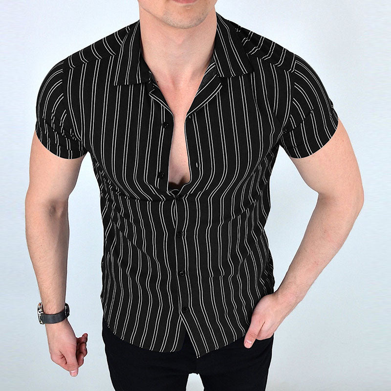 Chemise rayée à manches courtes pour hommes avec col en V