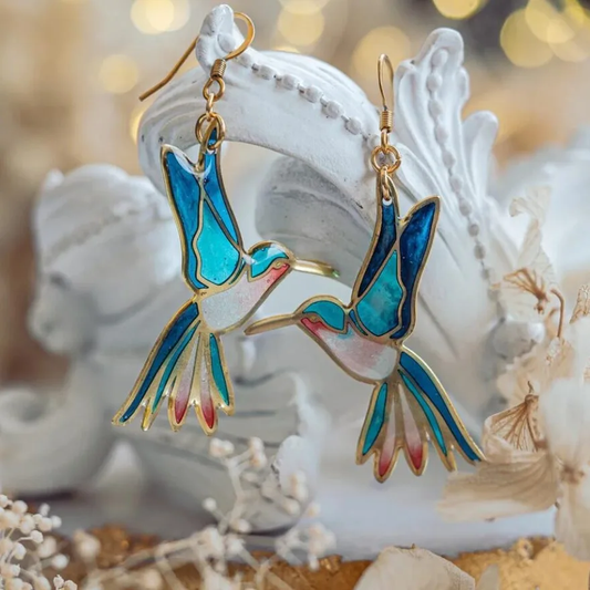Colibri Doré Boucles D'Oreilles Goutte En Émail Bleu Collection Artisanal Édition Limitée