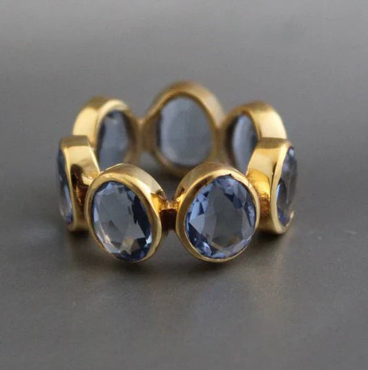 Bague vintage en verre bleu et or