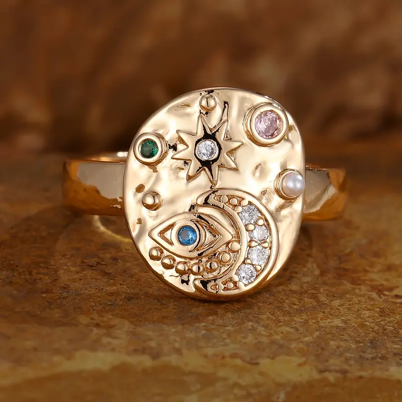 Bague vintage soleil et lune en cristal d'or