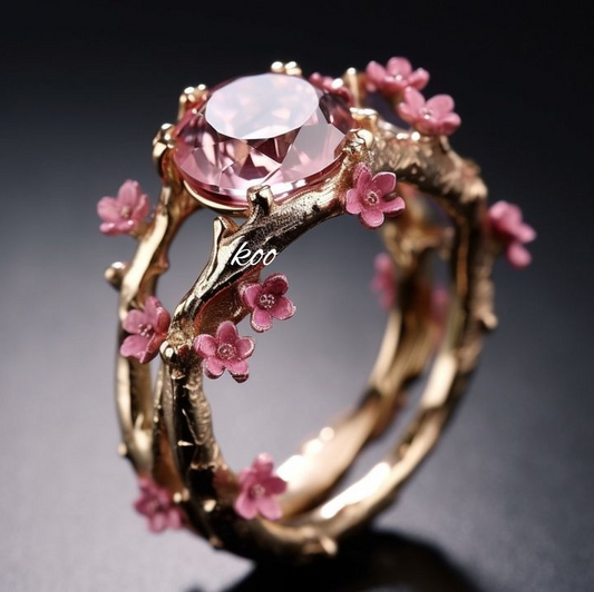 Bague exotique en cristal doré et fleur rose