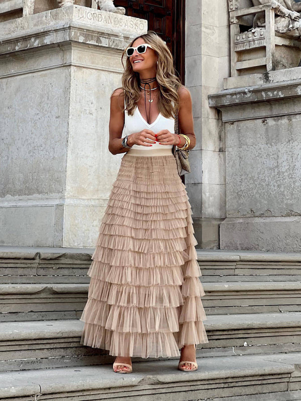 Maxijupe à taille haute pour femmes, look superposé - légère & aérée pour l'été