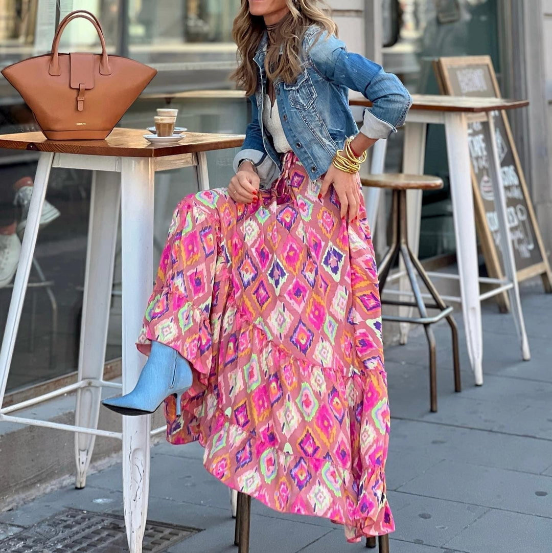 Jupe longue pour femme à imprimé cachemire multicolore et coupe bohème - Clémence