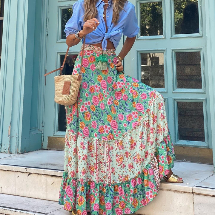 Jupe longue pour femme à imprimé cachemire multicolore et coupe bohème - Clémence