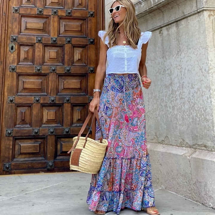 Jupe longue pour femme à imprimé cachemire multicolore et coupe bohème - Clémence