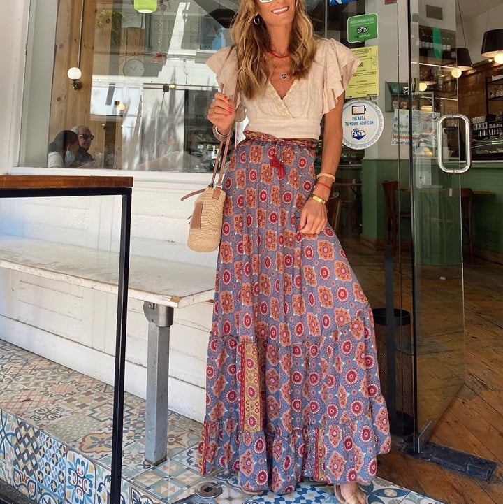 Jupe longue pour femme à imprimé cachemire multicolore et coupe bohème - Clémence
