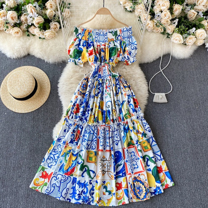 Robe féminine décolletée à manches bouffantes de style bohème - Marisol