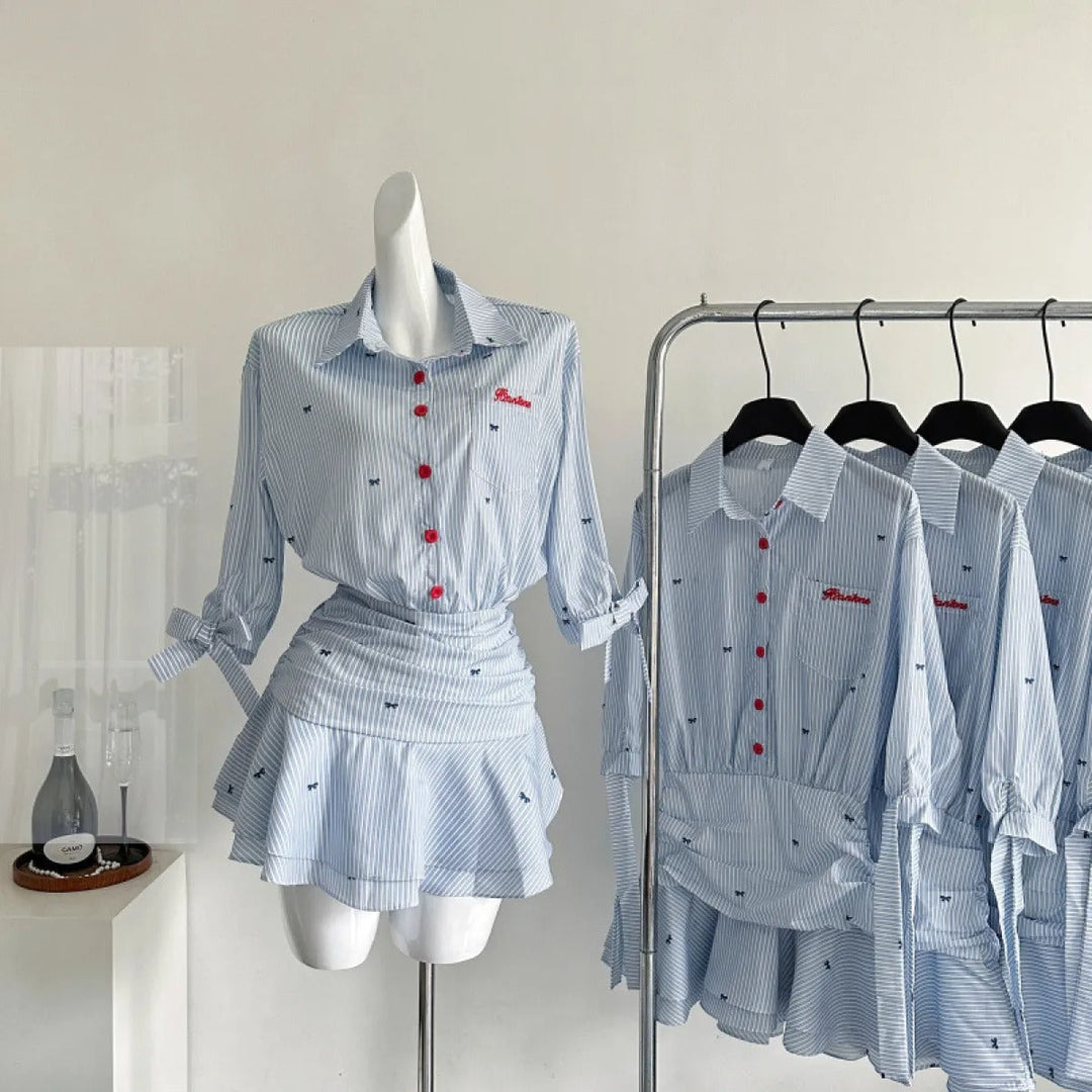 Robe rayée pour femme avec chemisier boutonné et mini-jupe plissée - Norys