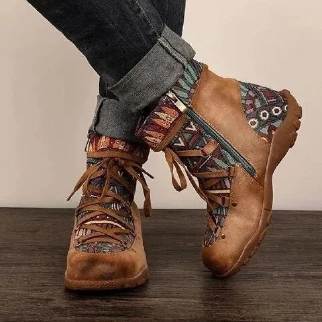 Bottines pour femmes de style ethnique avec lacets et fermeture éclair - Tribal