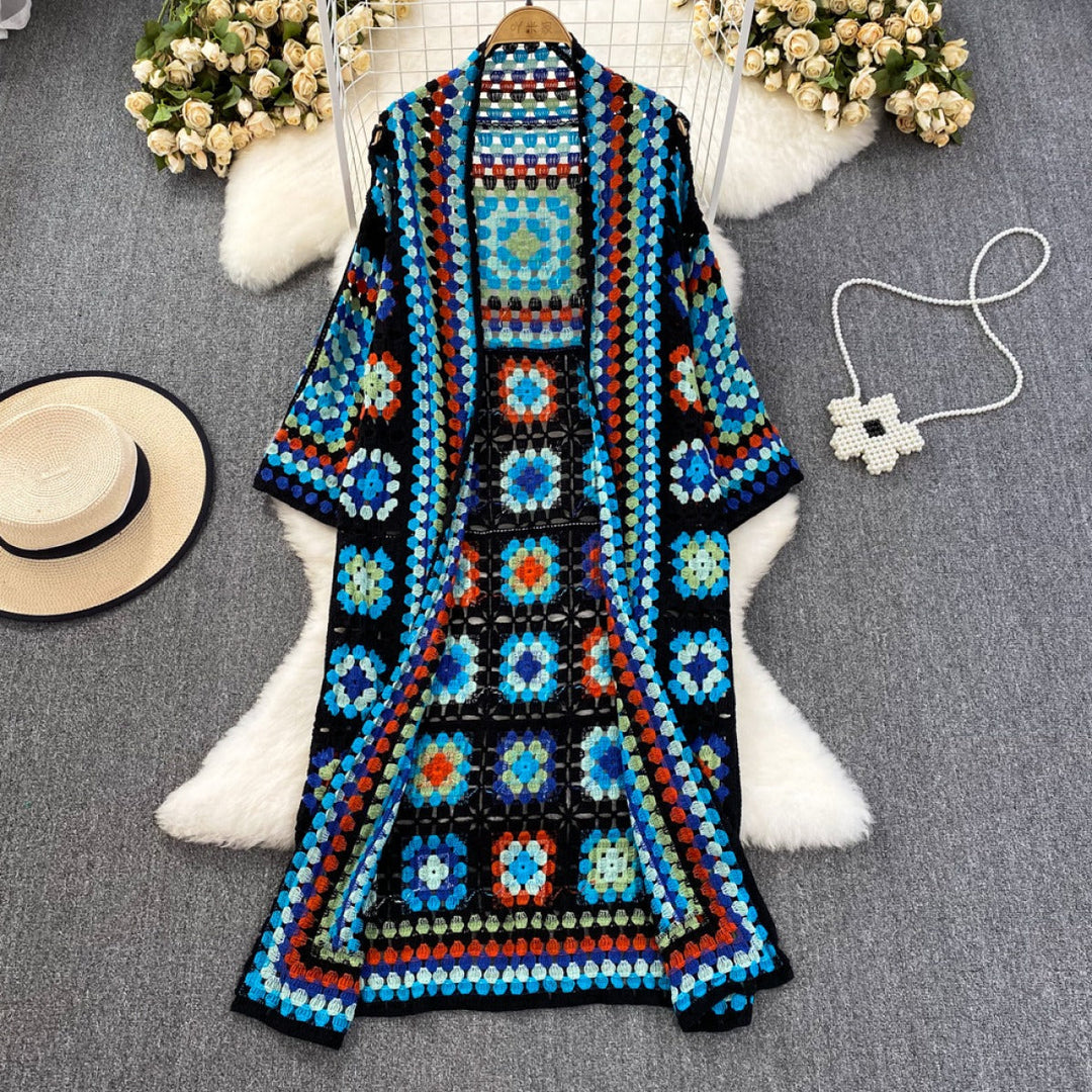 Femme kimono crochet fait main long style bohème - Nahla