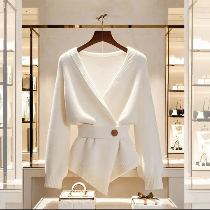 Pull croisé en maille côtelée pour femmes, avec détail de ceinture dans un style élégant - Matildee
