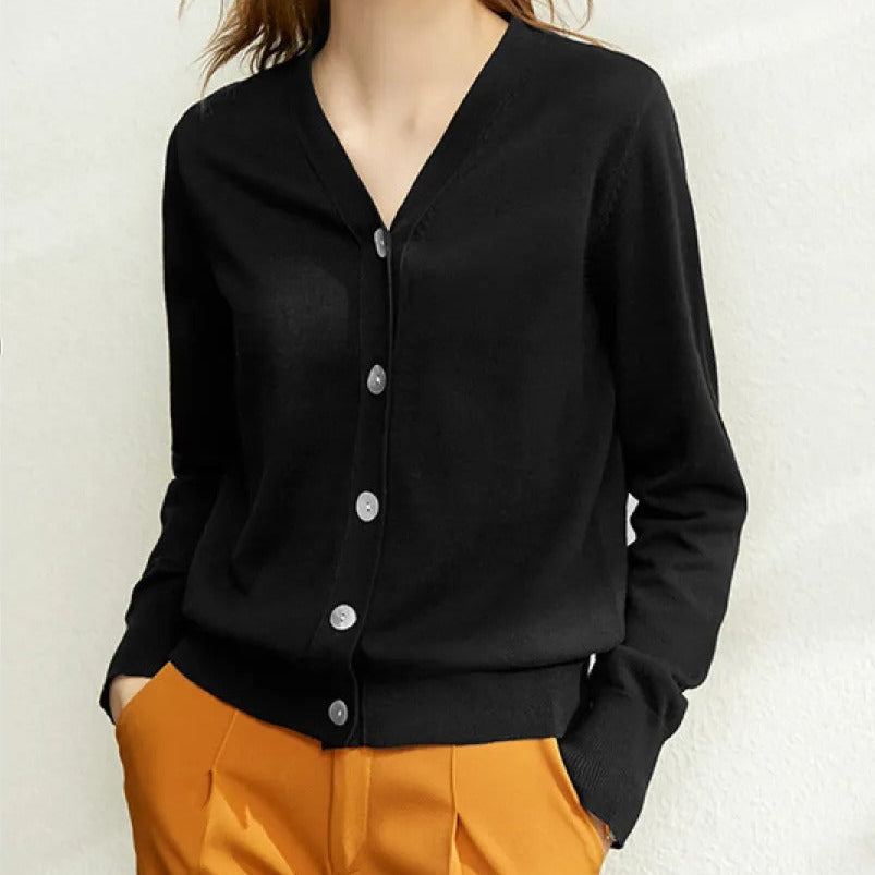 Cardigan en maille fine à col en V de style minimaliste pour femmes - Annelise