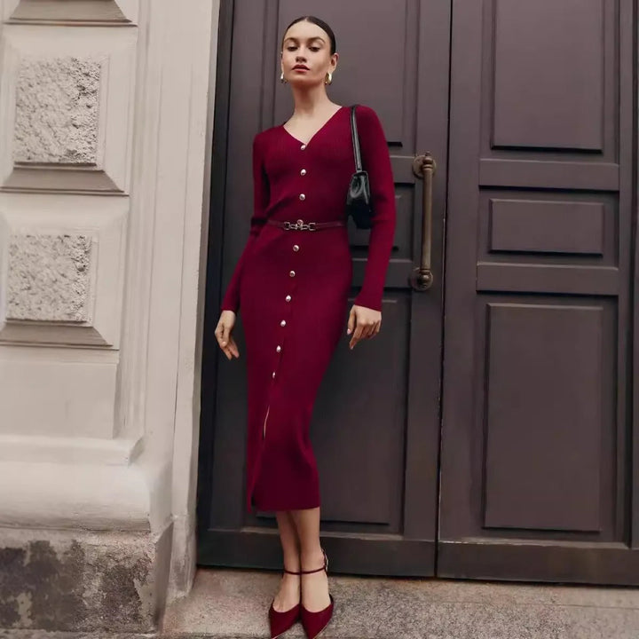Robe midi en maille avec boutons fins ceinturés - Maelle