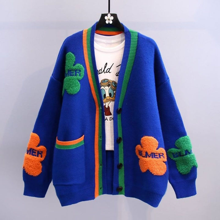 Cardigan en maille épaisse pour femmes, avec applications florales, style amusant - Ingrid
