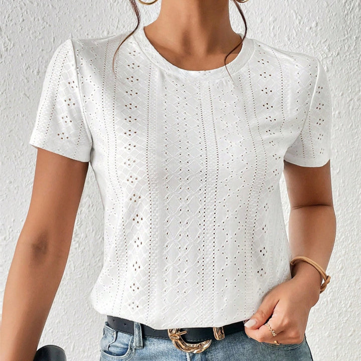 T-shirt femme en coton brodé à manches courtes et col rond - Livia