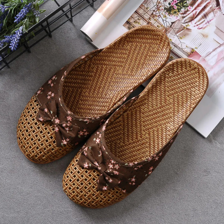 Chaussons femme en raphia tressé avec nœud fleuri - Arumi