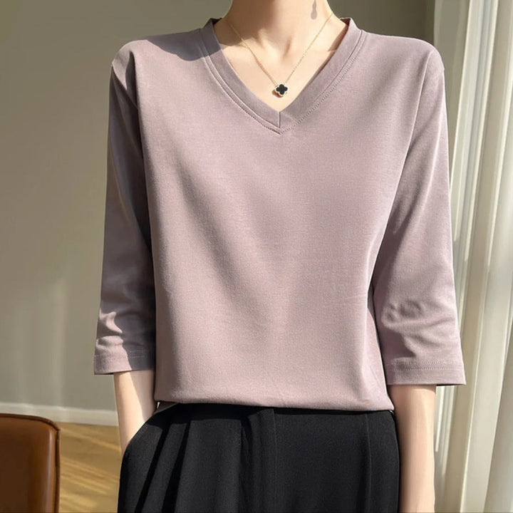 T-shirt femme col V, manches françaises, coton doux - Élodie