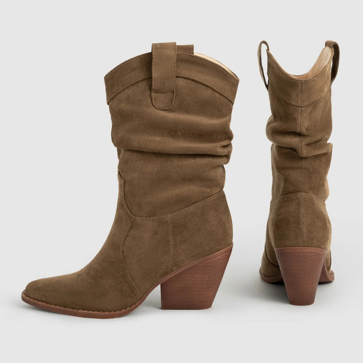 Bottes à talon moyen en daim synthétique pour femmes, style western - Liora