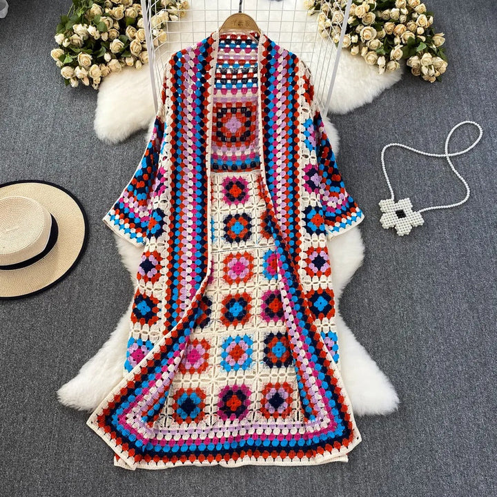 Femme kimono crochet fait main long style bohème - Nahla