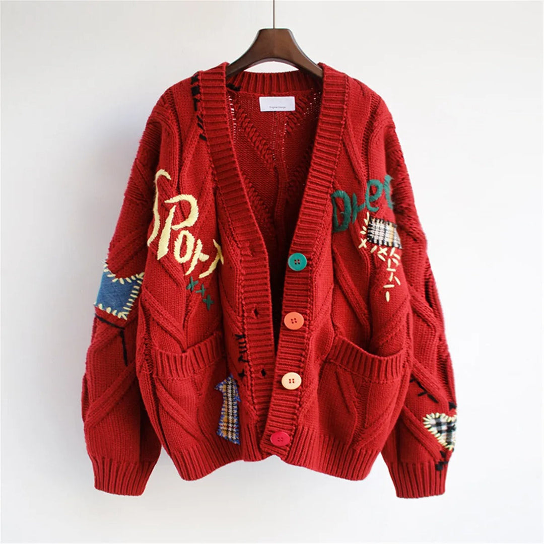 Cardigan brodé surdimensionné en maille épaisse pour femme - Roxane