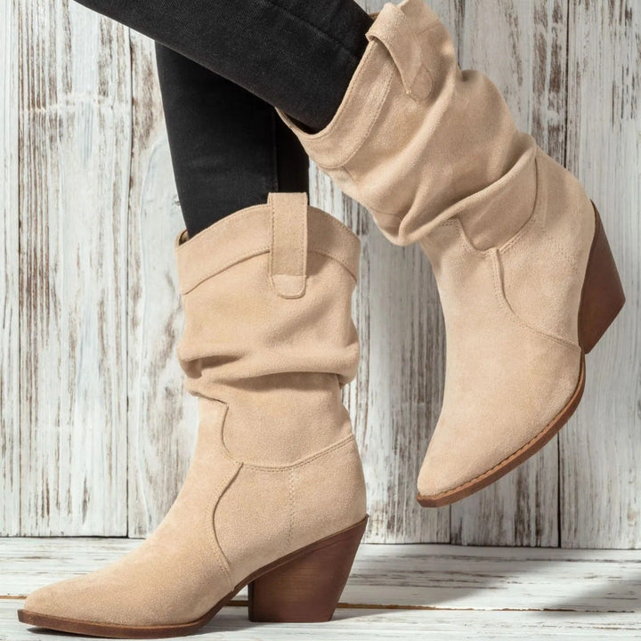 Bottes à talon moyen en daim synthétique pour femmes, style western - Liora