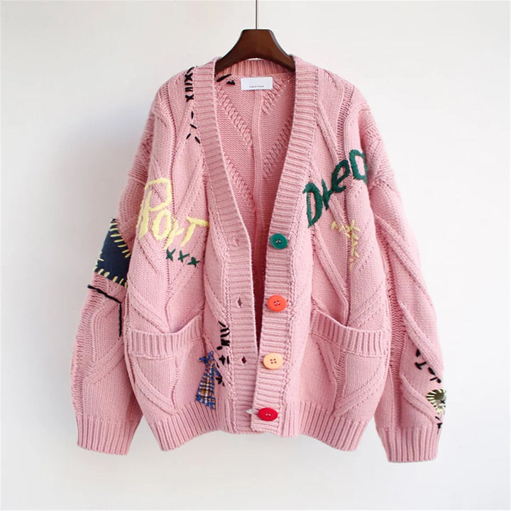 Cardigan brodé surdimensionné en maille épaisse pour femme - Roxane