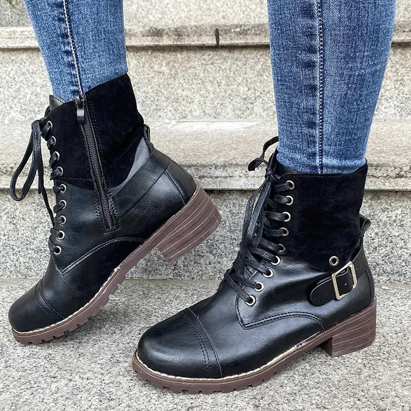 Bottes à lacets pour femmes en cuir synthétique de coupe moyenne et de style robuste - Thalia