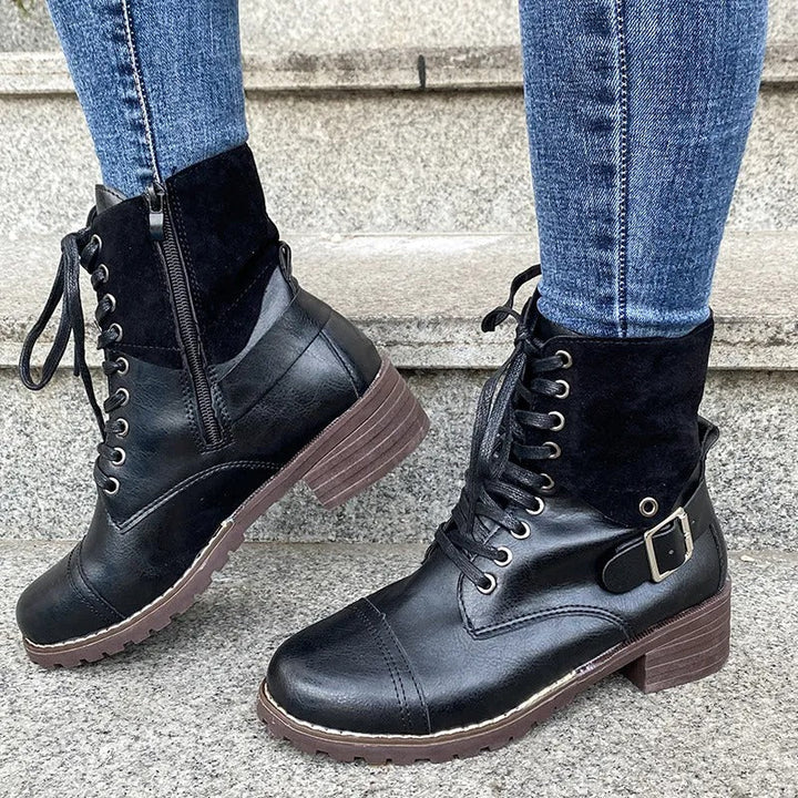 Bottes à lacets pour femmes en cuir synthétique de coupe moyenne et de style robuste - Thalia