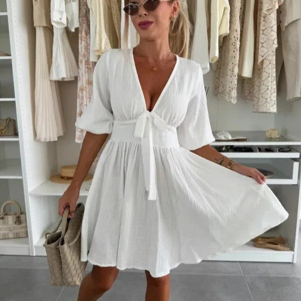 Robe courte à encolure froncée et manches bouffantes pour femme - Céline