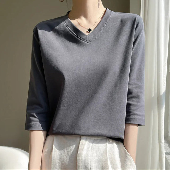 T-shirt femme col V, manches françaises, coton doux - Élodie