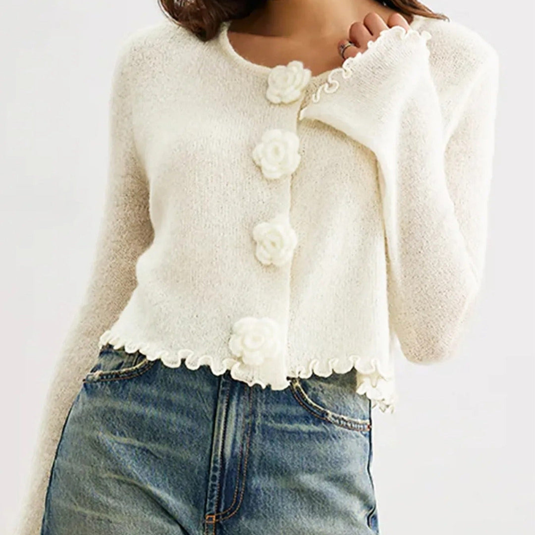 Cardigan à manches longues avec boutons floraux pour femmes - Elena