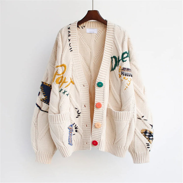 Cardigan brodé surdimensionné en maille épaisse pour femme - Roxane